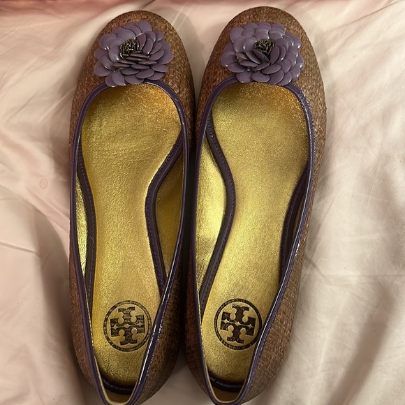 Tory Burch $295 size 8 petal ballet flats lavender woven raffia straw euc box - Picture 1 of 14